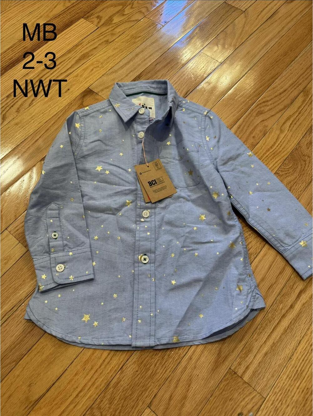 Mini Boden Boys' Blue Shirt with Gold Star Print Size 2-3 Years NWT